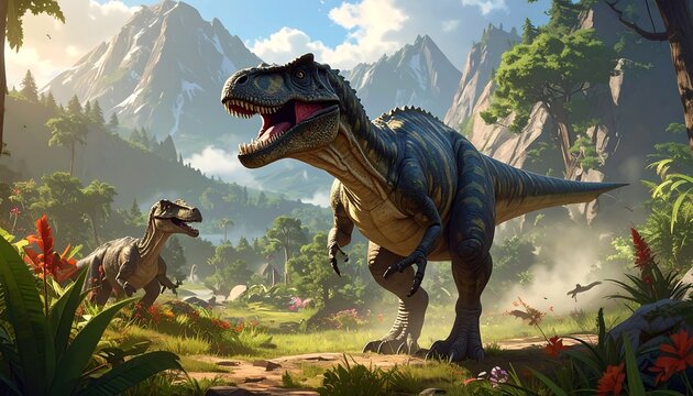 Two dinosaurs in a lush prehistoric valley - Powered by Adobe