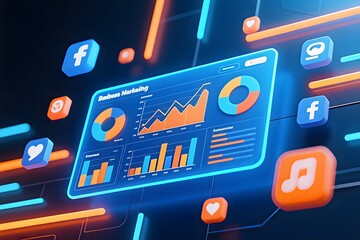 An abstract representation of business marketing dashboard analytics with social media icons shows data insights and growth with a glowing digital interface look.