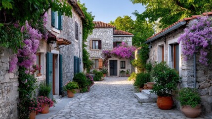 Fototapeta premium Picturesque European Village with Stone Buildings and Vibrant Pink Flowers in Sunny Weather