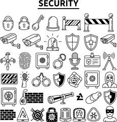 Security Line Icons Set. Collection of Outline Symbols for Protection, Surveillance, Crime Prevention, and Safety.