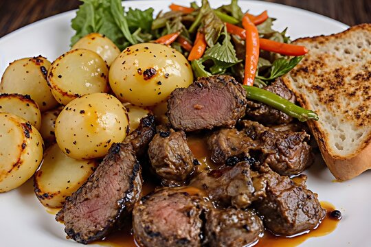 Delicious beef tenderloin tips served with roasted potatoes, colorful vegetables, and a slice of grilled bread displayed on a white plate for a gourmet meal.