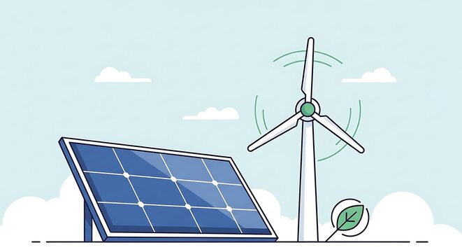 Bright Vector Illustration of Sustainable Energy Solar Panel Wind Turbine and Green Leaf.