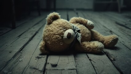 Abandoned Teddy Bear on Wooden Floor in Dimly Lit Room.
