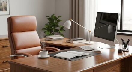 Fototapeta premium Modern office desk with leather chair, computer monitor, open book, coffee cup, desk lamp, and plant in a wooden interior.