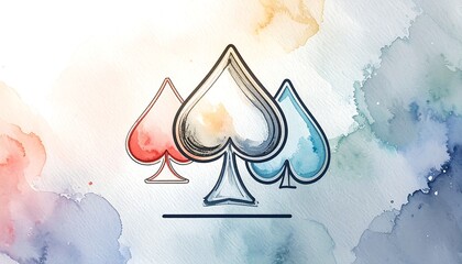 Three spade suits with abstract watercolor washes in red, black, and blue tones