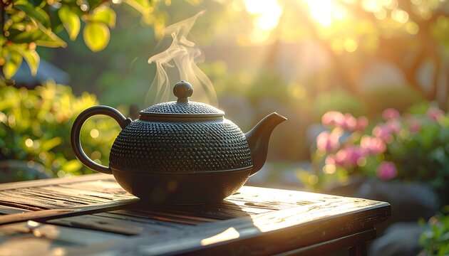 Steaming teapot on wooden table, sunlit garden backdrop