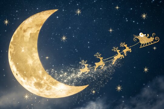 Santa Claus Sleigh Flying Past Crescent Moon on Christmas Eve with Reindeer and Stars - Powered by Adobe