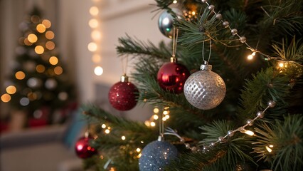 Fototapeta premium Festive Christmas Tree Decorations Ornaments Lights and Holiday Cheer in a Cozy Home Setting