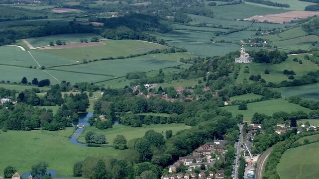 Aerial view of stowe landscape gardens with palladian bridge in buckinghamshire, uk