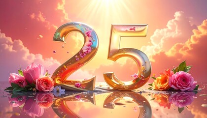 A golden, ornate "25" celebrates a milestone, adorned with roses and tulips, against a vibrant sunset. Reflects beautifully