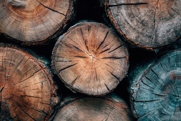 Naklejka premium Lumber wood. Firewood, sawn cut trees, logs close up background texture. Timber harvesting. Deforestation, forest destruction