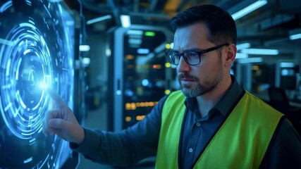 Technician interacting with a futuristic interface in a high-tech server room, showcasing data analysis - Powered by Adobe