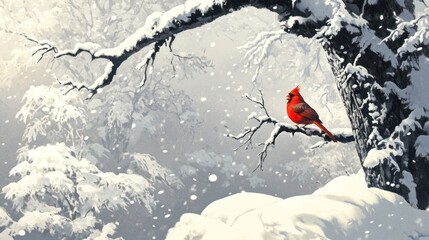 A Cardinal's Winter Song: A Snowy Forest Scene