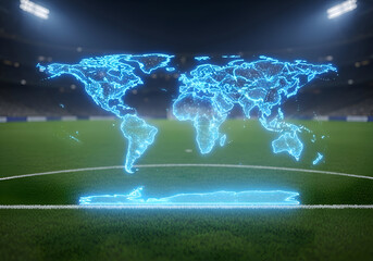 Global Football A digital depiction of the world map projected onto a soccer field, symbolizing the international reach and widespread popularity of the sport, connecting diverse nations