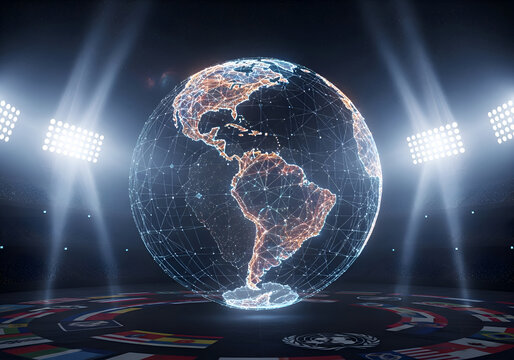 Global competition concept featuring a digital network planet Earth in a sports arena with bright spotlights and world flags - Powered by Adobe