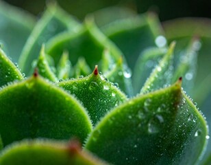 Ultra close-up macro shot of succulent leaves with water droplets, high detail, shallow depth of field, soft natural light