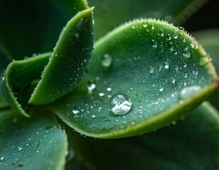Ultra close-up macro shot of succulent leaves with water droplets, high detail, shallow depth of field, soft natural light