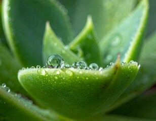 Ultra close-up macro shot of succulent leaves with water droplets, high detail, shallow depth of field, soft natural light