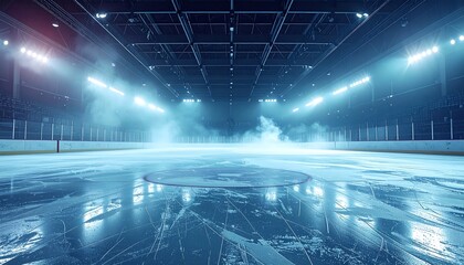 A perspective from the ice shows a deserted hockey arena. The ice rink is lit up with overhead lights, casting long shadows and a blue glow. A foggy atmosphere hangs in the air