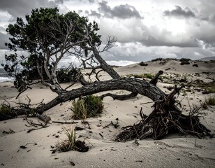 Fototapeta premium Fallen tree in sandy dunes under a cloudy sky