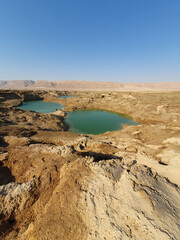 Secret river on the dead sea, view of a long and dry salt river stream in the northern part of the dead sea, Jordan Rift Valley, Israel. Stream in layered clefts and faults in muddy salinity unstable