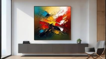 Abstract Expressionist Painting Displayed on a Modern Wall with Minimalist Decor.