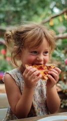 A joyful child delights in a slice of pizza, capturing a moment of pure happiness amidst a vibrant outdoor setting, perfect for family-themed content and food photography.