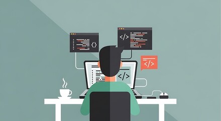 Minimalist Flat Design of a Focused Programmer Coding on a MultiMonitor Setup.