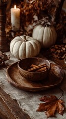Cozy autumn scene featuring rustic wooden bowls, cinnamon sticks, pumpkins, and warm candlelight, perfect for fall and Thanksgiving themed designs and content creation.