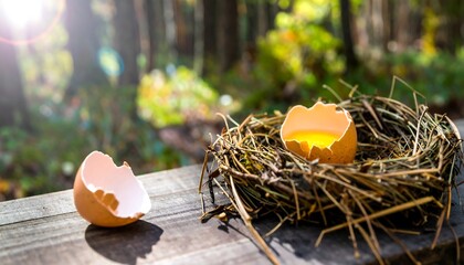 Egg yolk in nest with shell on aged wood, sunlit woodland background, rustic