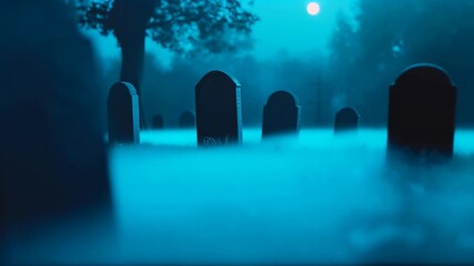 Eerie full moonlit foggy graveyard with tombstones under a dark night sky for a spooky halloween concept video.