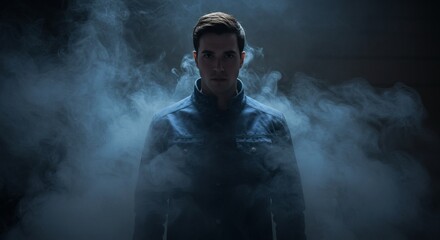 Obraz premium Mysterious Male Silhouette in Blue Jacket Shrouded in Smoke. Enigmatic Figure, Hidden Identity, Dark Atmosphere. Intrigue and Secrecy.