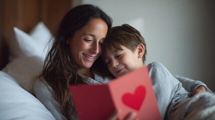 A warm and tender moment between a mother and her son, sharing joy and love while reading a heartfelt card, creating lasting memories in a cozy environment.
