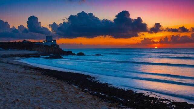 Lighthouse on cliff overlooking ocean at sunset beach