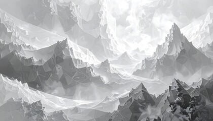 Abstract landscape, fractured peaks in shades of grey and white, ethereal and geometric