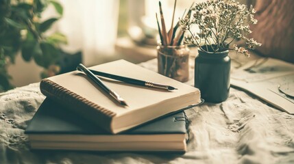 Notebooks pens flowers table