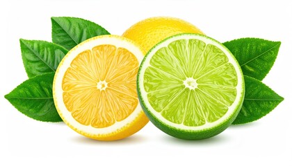 Zesty Citrus Duo: A vibrant composition showcasing the contrasting hues and textures of a halved lime and lemon, accompanied by a whole lemon and verdant leaves.