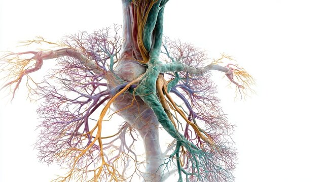 Comprehensive 3D illustration of human lymphatic system, isolated on white background.
