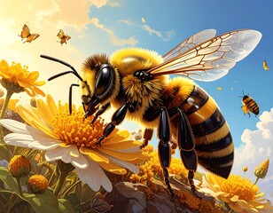 Honeybee's Floral Embrace in Sunny Meadow