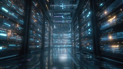 Futuristic Data Center Interior - Cyberpunk-Inspired Server Room with Glowing Lights.