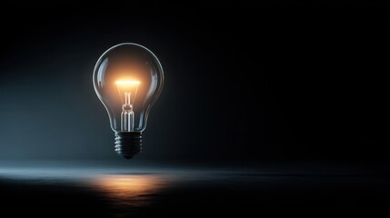 Illuminated Lightbulb Floating Above Reflective Surface Against Dark Background.