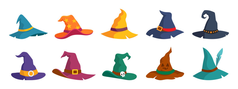Halloween witch hats set cartoon wizard costume caps vector illustration