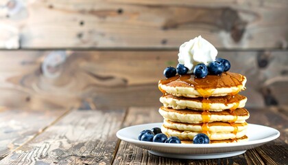 Stack of pancakes with blueberries, syrup, and whipped cream on wooden table
