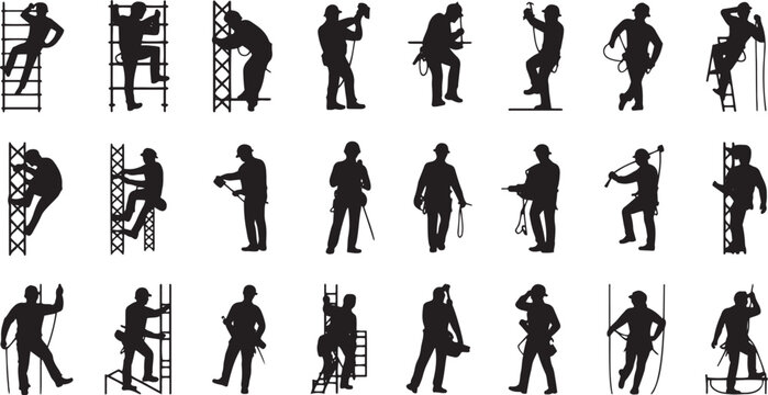Collection of 20 black silhouette construction workers climbing ladders and towers climber