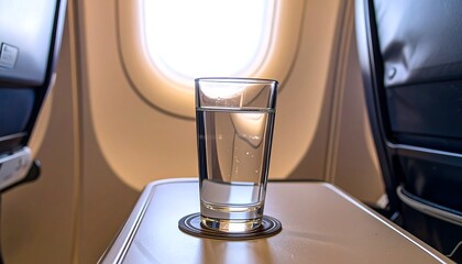 Airplane glass of water on tray table