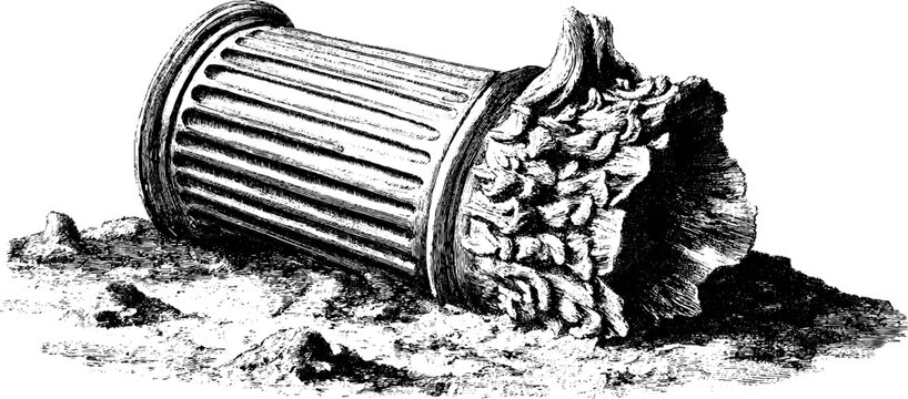 Ancient broken column in vintage hand drawn style for historical design and art projects