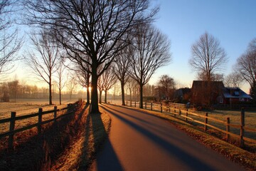 Fototapeta premium Country road at sunrise, silhouettes of bare trees