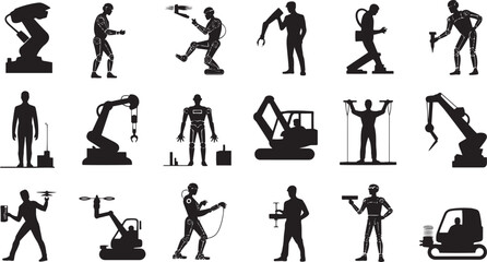 Fototapeta premium Collection of black silhouettes of robots and human figures in various poses and actions automation