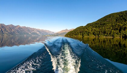 Serene wake trails boat on still lake, mountains and forests in background