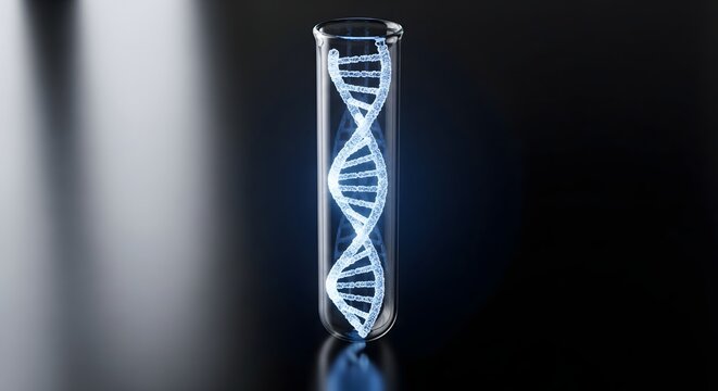 A glass test tube containing a glowing DNA double helix structure. The background is dark, emphasizing the illuminated helix. The scene represents biotechnology and genetics.